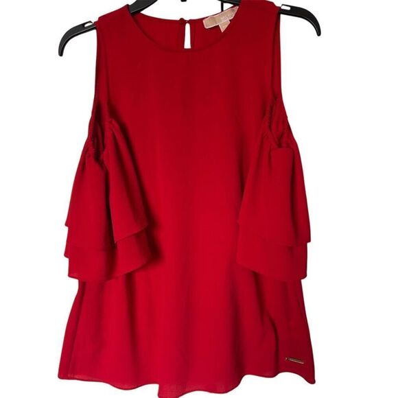 Michael Kors Women's Red Cold Shoulder Ruffle Dress Size M Petites - Picture 1 of 8